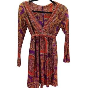Vtg 60s 70s Saks Fifth Ave Psychedelic Paisley Mini Dress Purple Orange Small